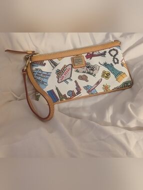 Dooney & Bourke Landmark White Multicolor Travel-Print Wristlet with Tan Trim